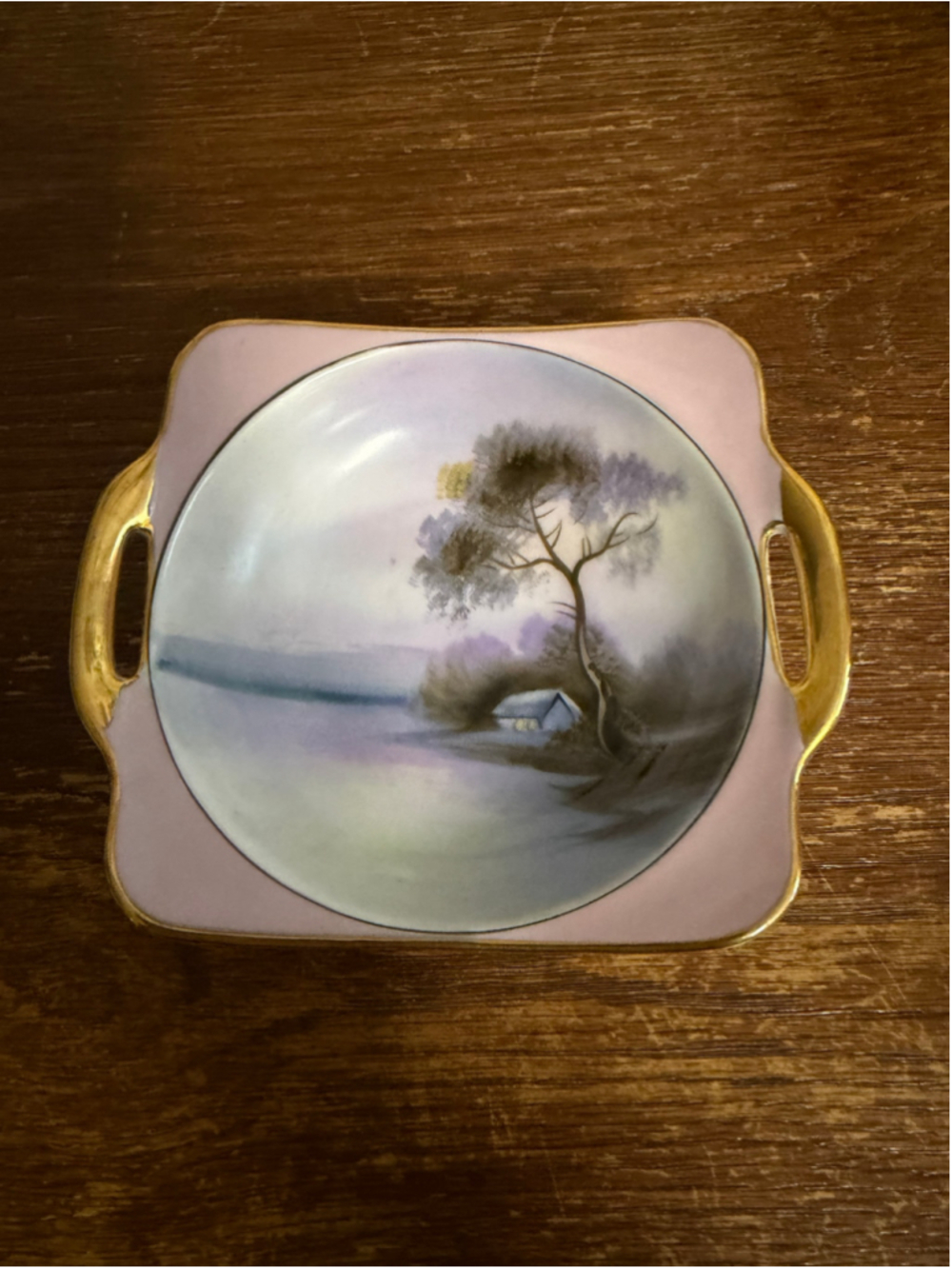 Antique Noritake Hand Painted Landscape Bowl Pink Gold Handles M Wreath Japan